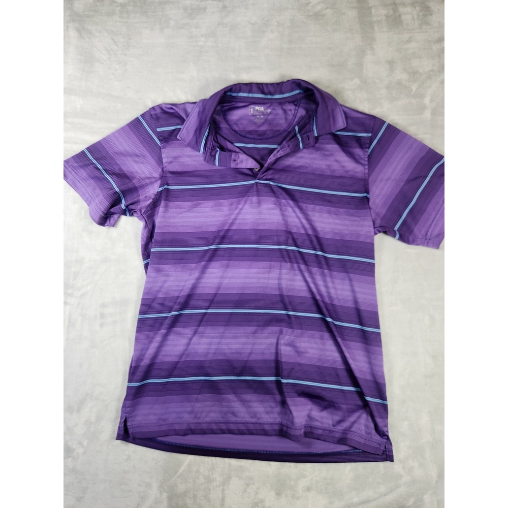 PGA TOUR Polo Shirt Mens Medium Purple Blue Striped‎ Short Sleeve